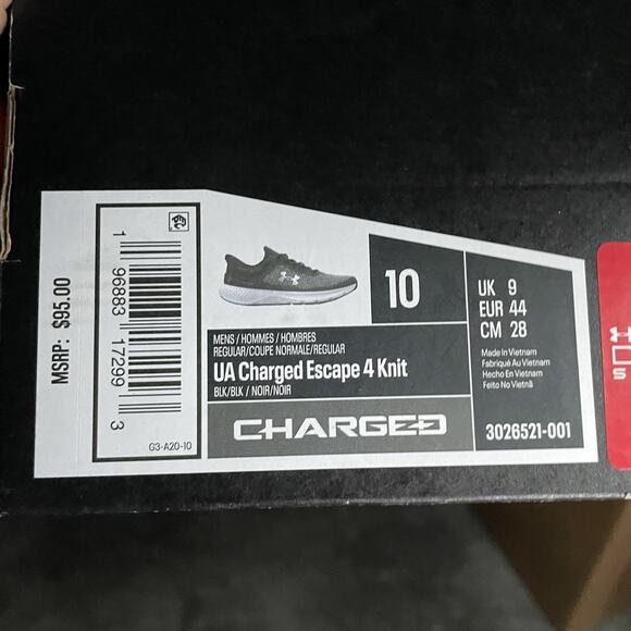 Under Armour Charged Escape 4 Men’s 10 Black White Running Shoe Athletic Sneaker - Picture 7 of 7